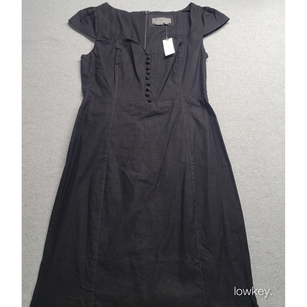 Anthropologie Black Midi Dress Cap Sleeve Button Front Sweetheart Neck M NEW